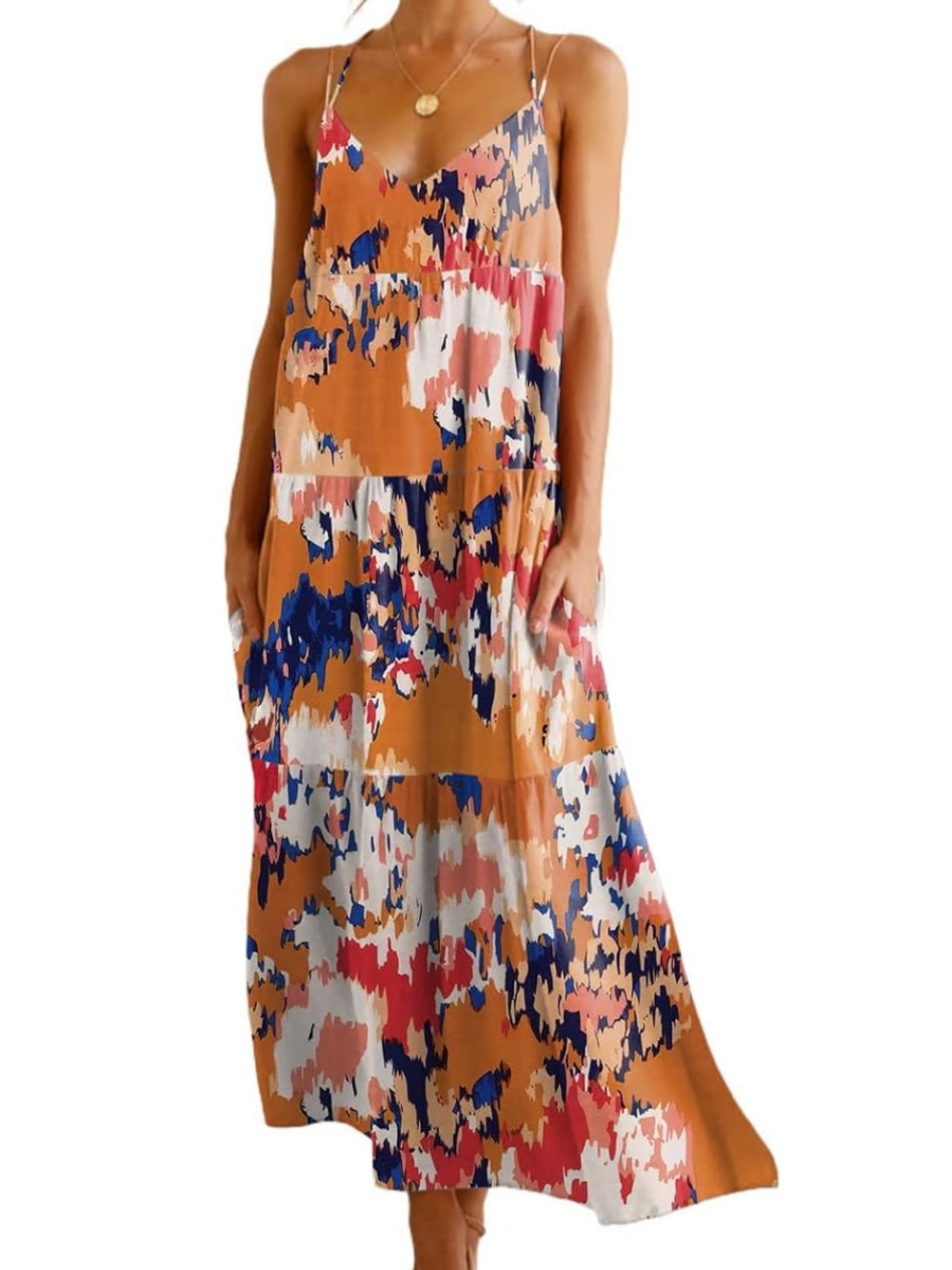 Women's Summer Maxi Dress Boho Abstract Print Loose Sleeveless V Neck Spaghetti